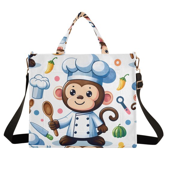 Monkey Chef Cooker Corduroy Tote Bag Handbag Large Messenger Bag Shoulder Crossbody Zipper Bag Purse