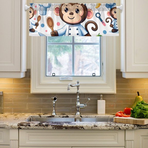 Monkey Chef Cooker Curtain Valances Farmhouse Design Window Treatment Decor Blackout Rod Pocket for Windows Living Room Kitchen 54" x 18"