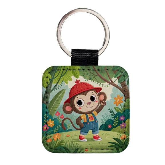 Monkey Children's Illustration Style Faux Leather Square Keychain