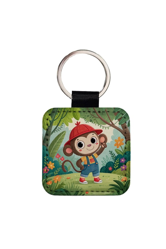 Monkey Children's Illustration Style Faux Leather Square Keychain