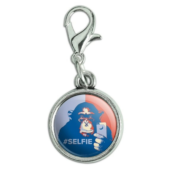 Monkey Chimp Hashtag Selfie #Selfie Antiqued Bracelet Pendant Zipper Pull Charm with Lobster Clasp