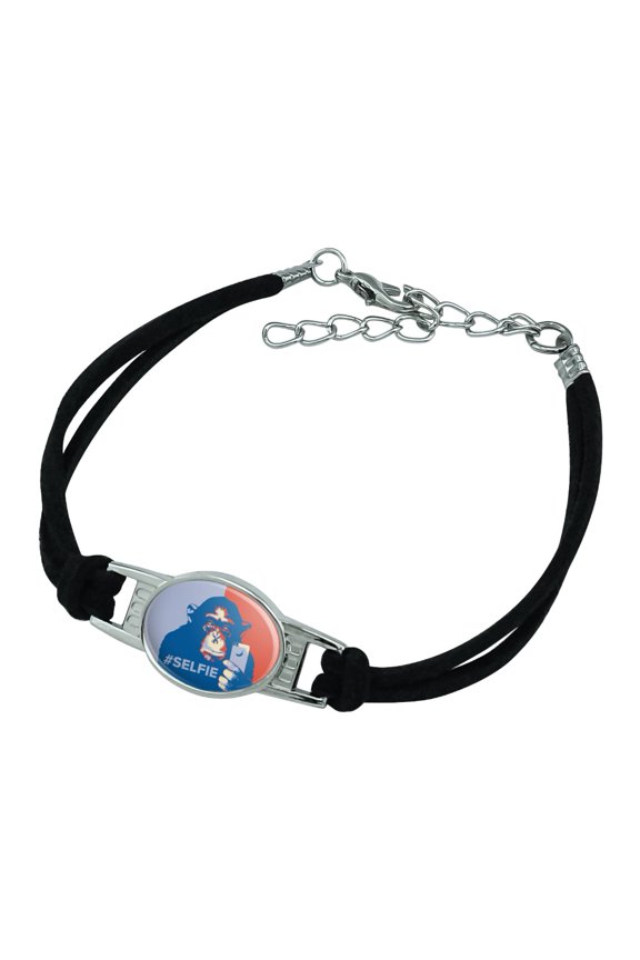 Monkey Chimp Hashtag Selfie #Selfie Novelty Suede Leather Metal Bracelet