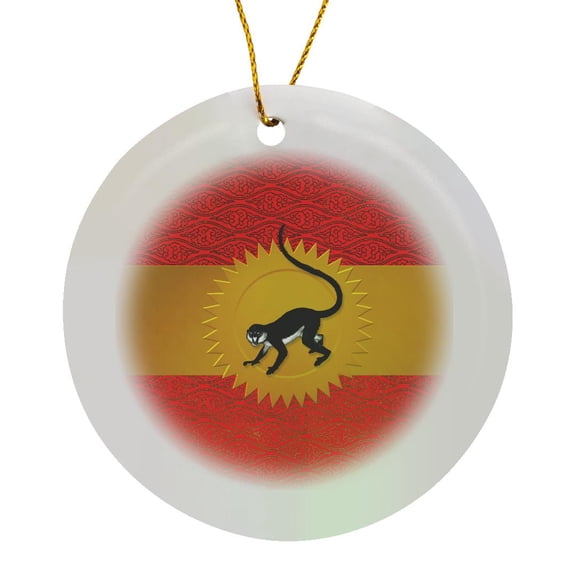 Monkey Chinese Zodiac In Red And Gold Cultural Pattern, Circle Porcelain Ornament