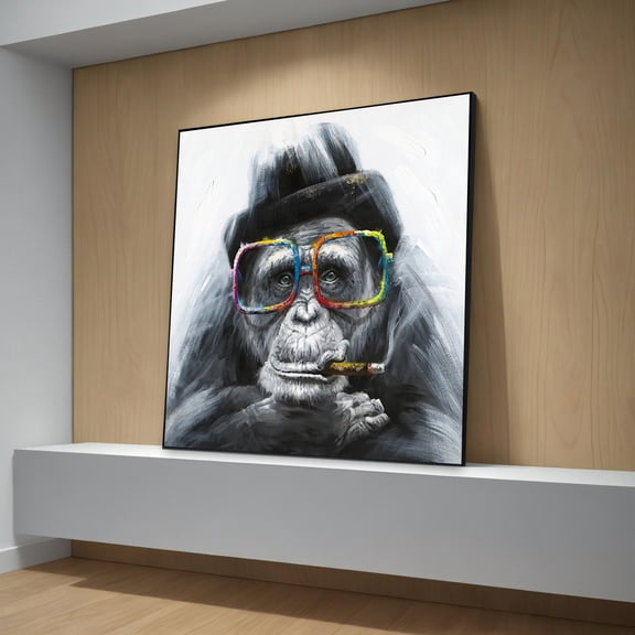 Monkey With Cigar Canvas Art, Quirky Chimpanzee With Glasses Wall Decor, Unique Animal Artwork For Home, Eclectic Housewarming Gift, Stretched Canvas Size 8x12