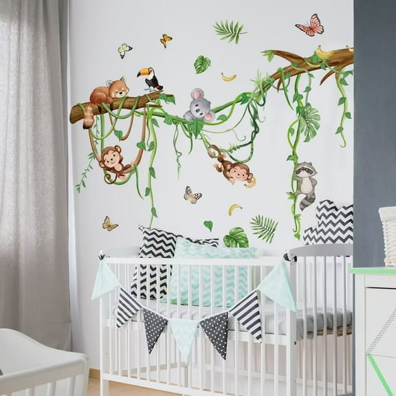 Monkey Climbing Tree Wall Decals Jungle Animals Wall Stickers Koala Wall Decals Kids Room Baby Nursery Bedroom Wall Decor DIY transparent stickers Peel and Stick Removable