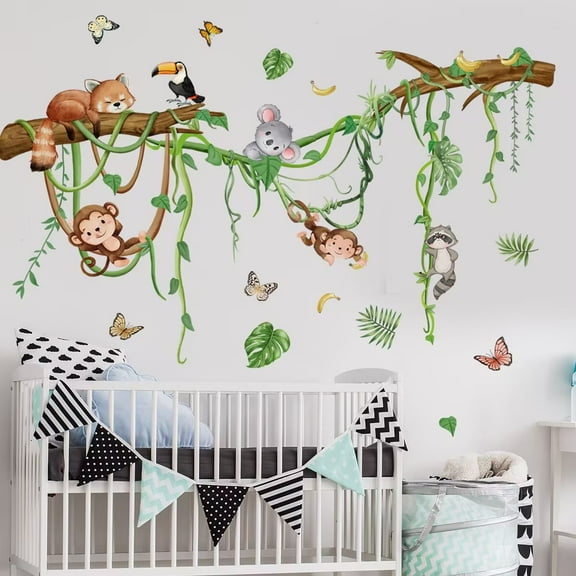 Monkey Climbing Tree Wall Decals Jungle Animals Wall Stickers Removable Vinyl Wall Art Sticker for Girls Baby Nursery Kids Bedroom Living Room Bathroom