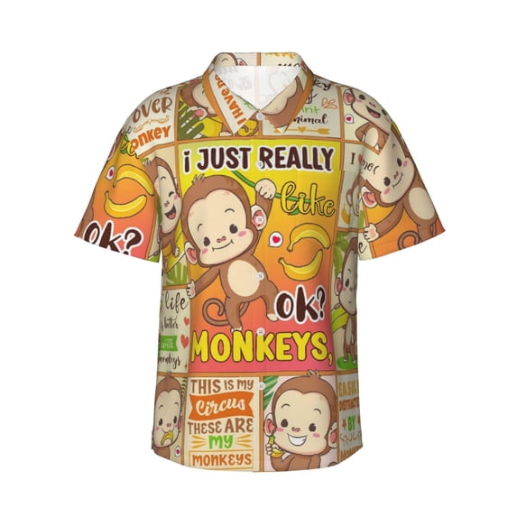 Monkey Collage Hawaiian Shirts For Men, Summer Short-Sleeve Relaxed-Fit Button-Down Shirts 3x-Large