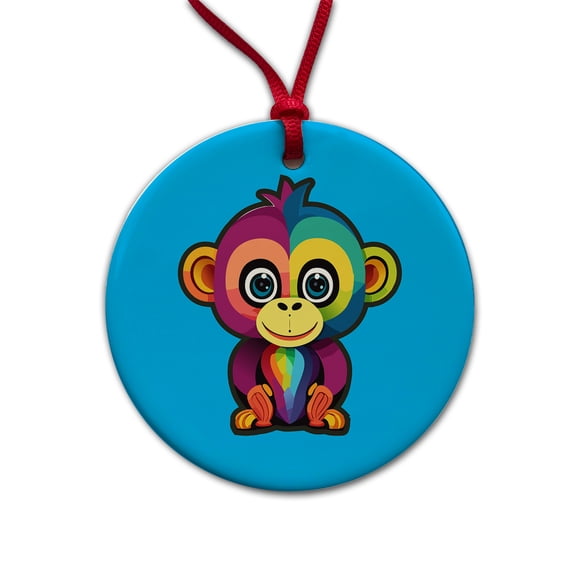 Monkey Colorful Rainbow Christmas Tree Holiday Round Ceramic Ornament