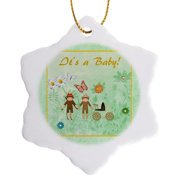 3drose, Monkey Couple with Baby Carriage in Beautiful Garden, Its a Baby, 3 inch Snowflake Porcelain Ornament
