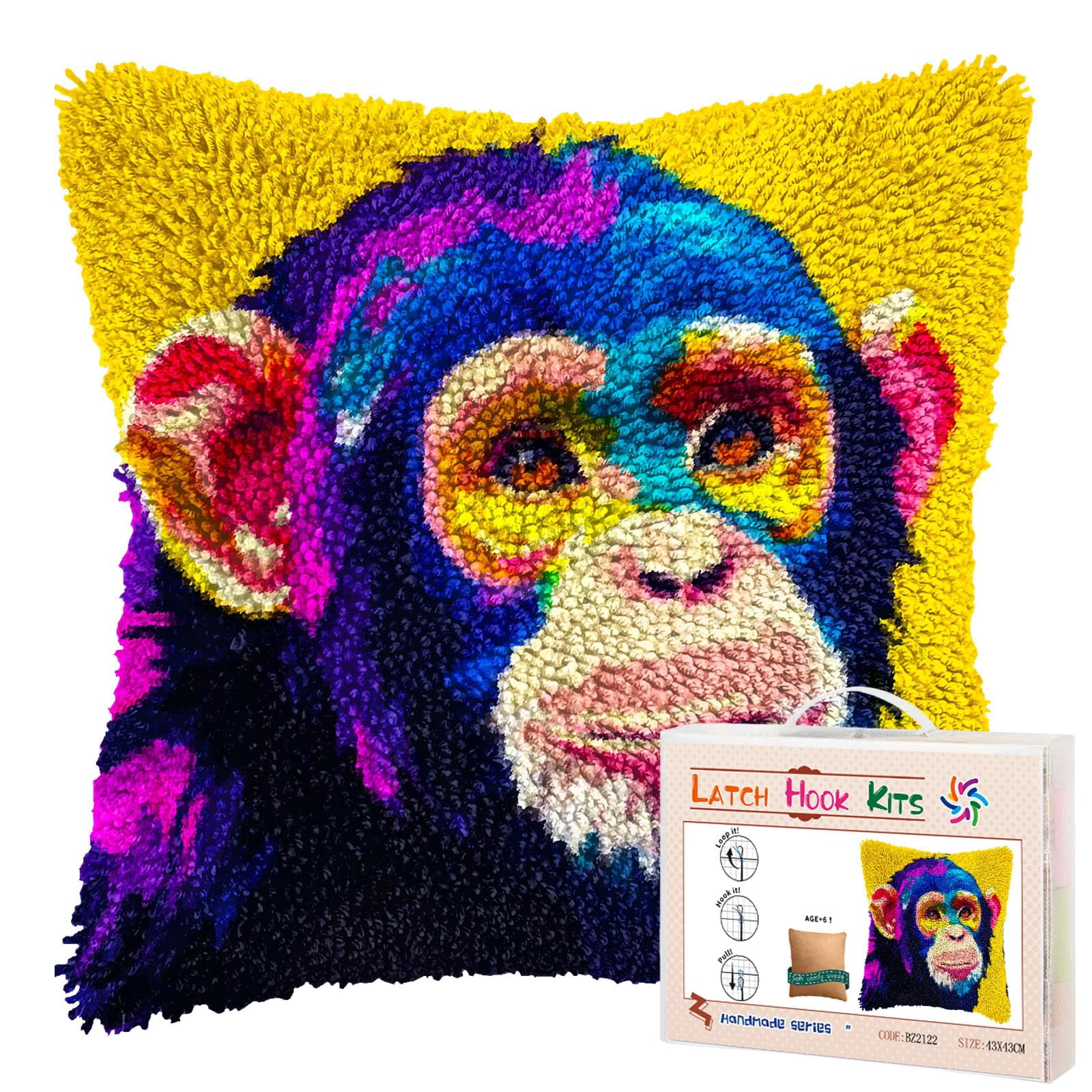 Monkey DIY Latch Hook Pillow Kits for Adults Printed Pillowcase Crochet Yarns Hooking Handmade Pillow Cover Cushion for Home Sofa Decoration 17x17inch