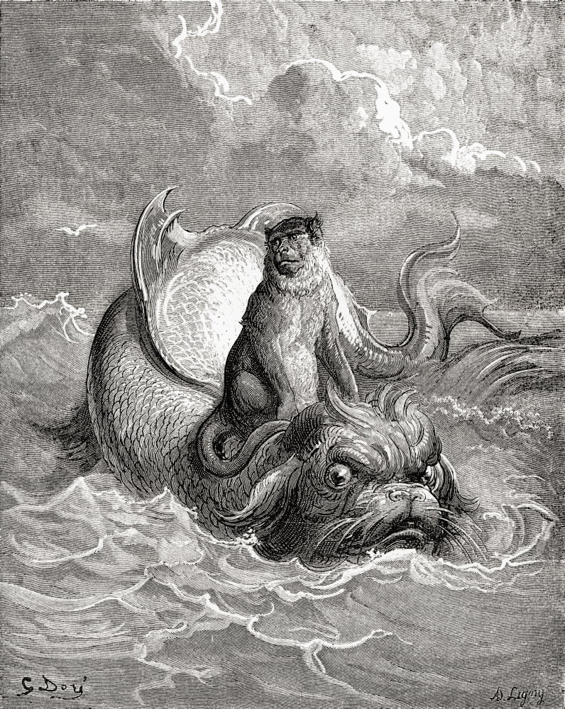 The Monkey And The Dolphin After A Work By Gustave Dore For A La Fontaine Fable From Life And Reminiscences Of Gustave Dore Published 1885 Canvas Art - Ken Welsh Design Pics (13 x 16)