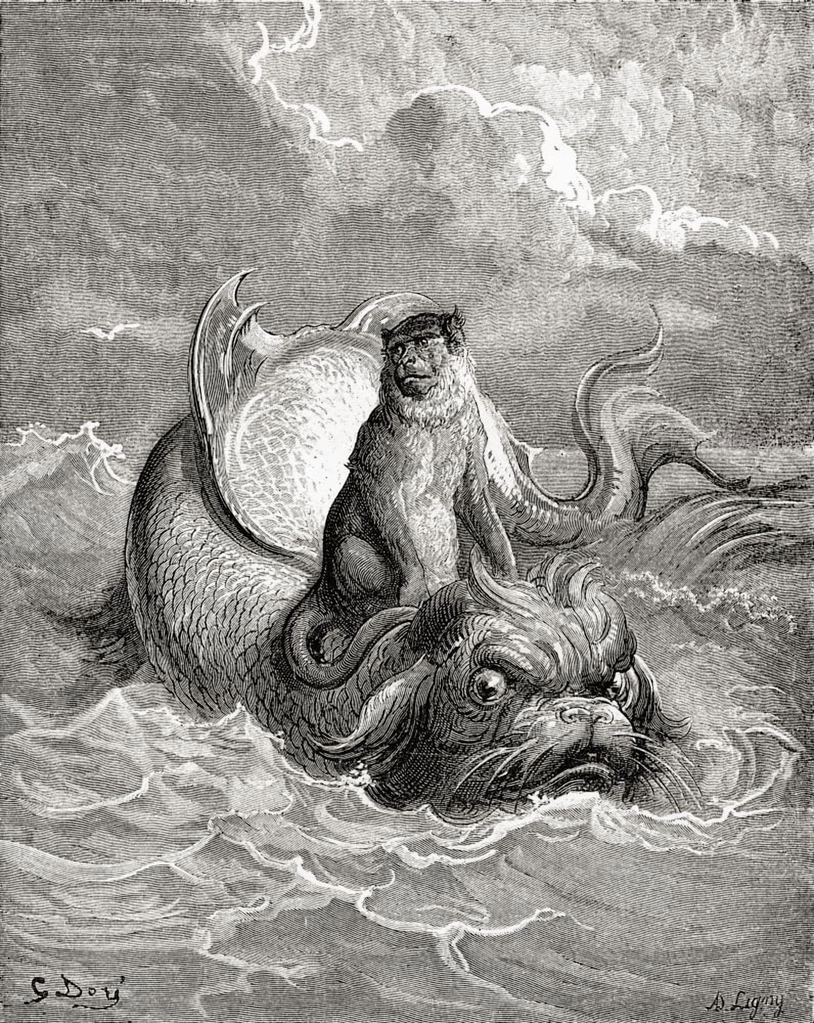 The Monkey And The Dolphin After A Work By Gustave Dore For A La Fontaine Fable From Life And Reminiscences Of Gustave Dore Published 1885 Canvas Art - Ken Welsh Design Pics (26 x 32)