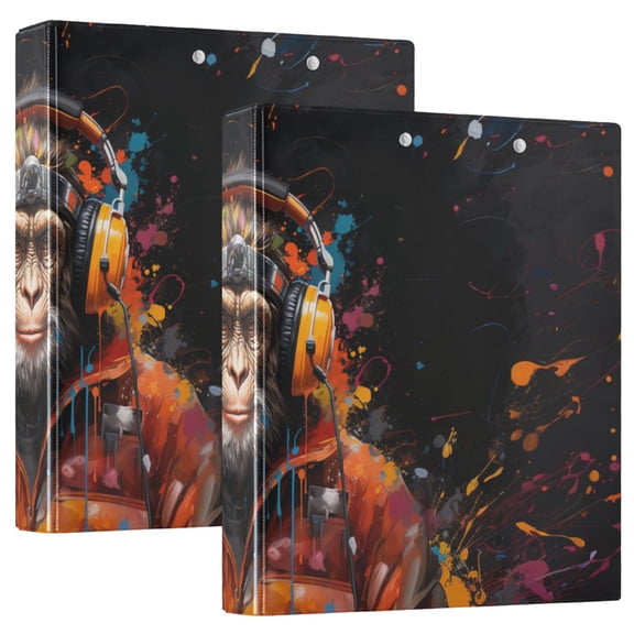 Monkey Earphone Coat 3 Ring Binders 1.5 inch Hardcover File Folders with Interior Pockets A4 Size Organizer for School Office Hospital
