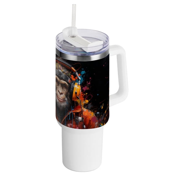 Monkey Earphone Coat 40 oz Tumbler with Handle InsulatedTravel MugLid Straw Leak Proof Steel Vacuum Water Bottles Glasses Fits in Car Cup Holder