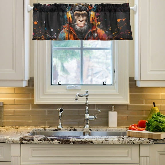 Monkey Earphone Coat Curtain Valances Farmhouse Design Window Treatment Decor Blackout Rod Pocket for Windows Living Room Kitchen 54" x 18"