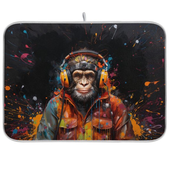Monkey Earphone Coat Dish Drying Mat Dish Drainer Rack Mats Water Absorbent Non-Slip Easy Clean Heat Resistant for Kitchen Counter