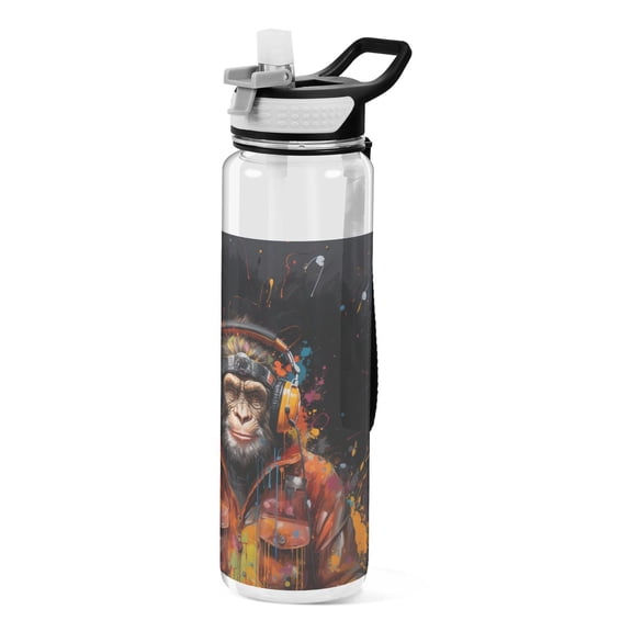 Monkey Earphone Coat Sports Water Bottle Portable Travel Mug 32oz BPA Free Leak Proof Straw Transparent Tritan for Gym Yoga Cycling Camping