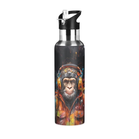 Monkey Earphone Coat Sports Water Bottle with Straw Lid Insulated Stainless Steel Leak Proof BPA Free Thermal Mug with Handle for Gym Yoga Cycling Camping
