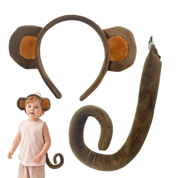 Monkey Ears And Tail, 2 PCS Adult Monkey Costume Accessory for Men Women, Soft Plush, Easy To Wear, Secure Clip, One Size Fits Most, for Zoo Animal Costumes, Halloween Party(RL)