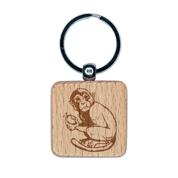 Monkey Eating Fruit Square Keychain Charm Tag - Engraved Wood