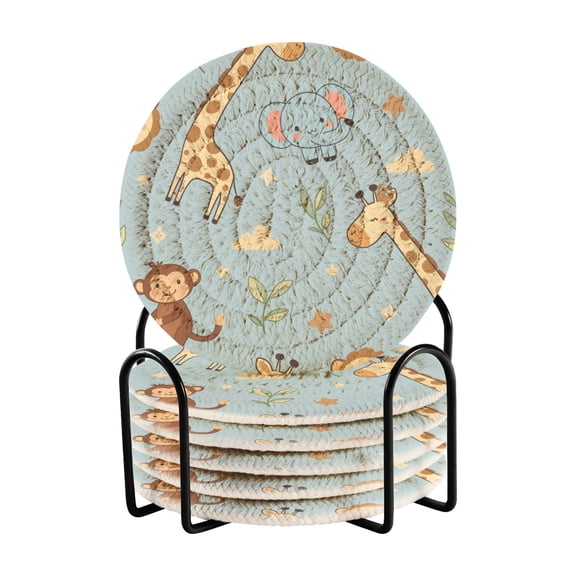 Monkey Elephant Giraffe Pattern Bar Coasters 6 Pack Braided Coasters with Holder Absorbent Heat Resistant