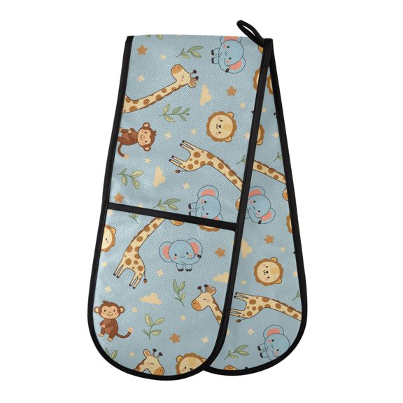 Monkey Elephant Giraffe Pattern Double Oven Mitt 200C Quilted Cotton Lined Kitchen Pot Holder 35x7in