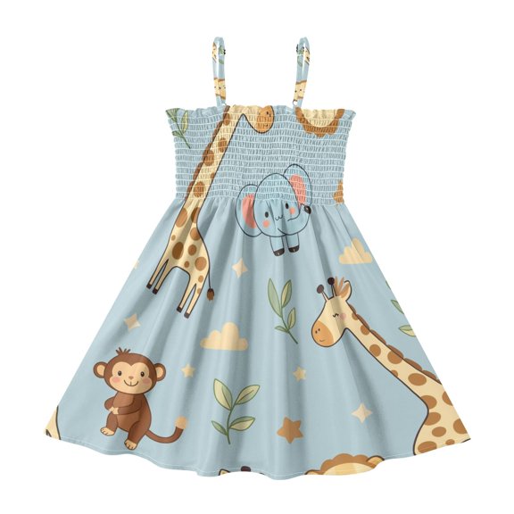 Monkey Elephant Giraffe Pattern Girls' Casual Dresses 2Y-8Y Sleeveless Ruffle Neck for Summer Daily Wear