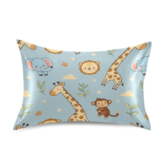 Monkey Elephant Giraffe Pattern Queen Size Satin Pillowcase 30''x20'' Double-Sided Print Soft Wrinkle Resistant