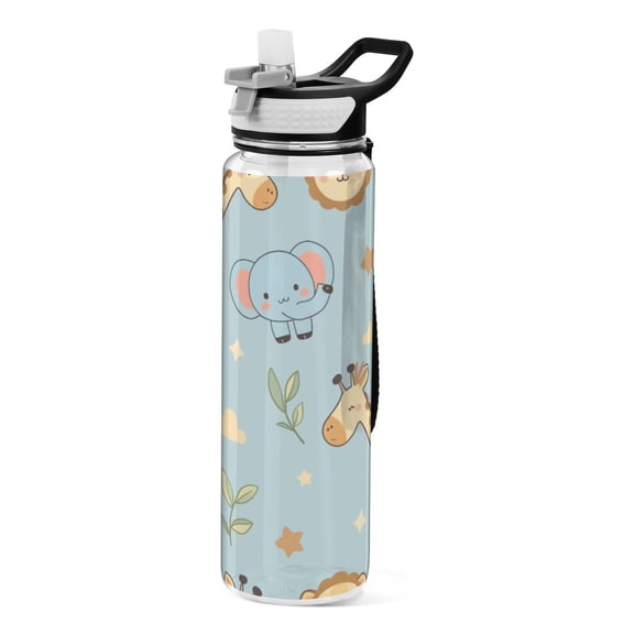 Monkey Elephant Giraffe Pattern Sport Water Bottle Tritan with Straw 1000ml Portable for Outdoor Daily Use