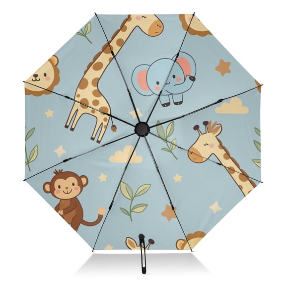 Monkey Elephant Giraffe Pattern Umbrella Folding Sun Umbrella Travel Auto Open Close Large UV50+ 40in