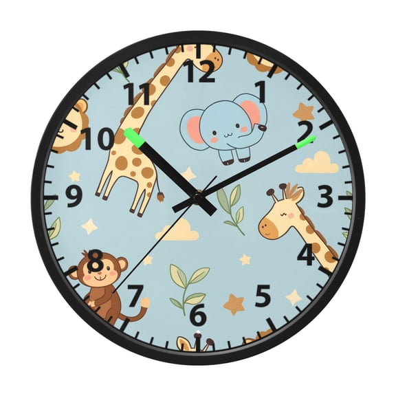 Monkey Elephant Giraffe Pattern Wall Clock 12 Inch Voice Activated Night Light Silent Non Ticking