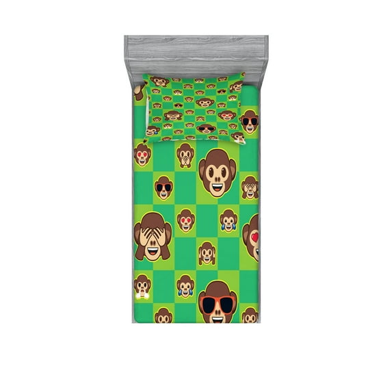 Monkey Emoji Fitted Sheet & Pillow Sham Set, Cartoon Wild Animal Characters on Jungle Colors Checkered Back Art, Decorative Printed 2 Piece Bedding Decor, Twinxl, Lime Green Umber Beige, by Ambesonne