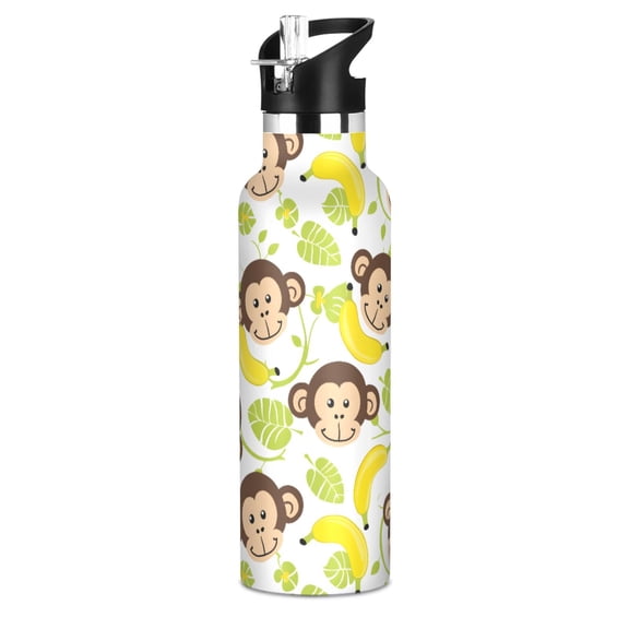 Monkey Face Banana 20oz Vacuum Insulated Stainless Steel Water Bottle BPA-Free Leak Proof Straw Lid