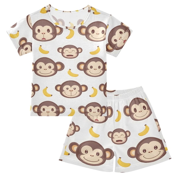 Monkey Face Banana Pattern Summer Pajama Set Soft Cotton Short Sleeve Sleepwear 2PCS Pajama Sets Breathable Lounge Set Size 5Y