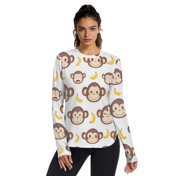 Monkey Face Banana Pattern Women's Activewear UPF 50+ Sun Protection Shirt Cooling Quick Dry Thumb Hole Top