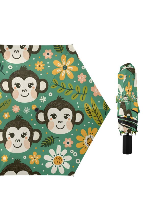 Monkey Faces Flowers Dots Compact Sun Umbrella Windproof Travel Umbrellas for Rain Strong Portable UV Protection