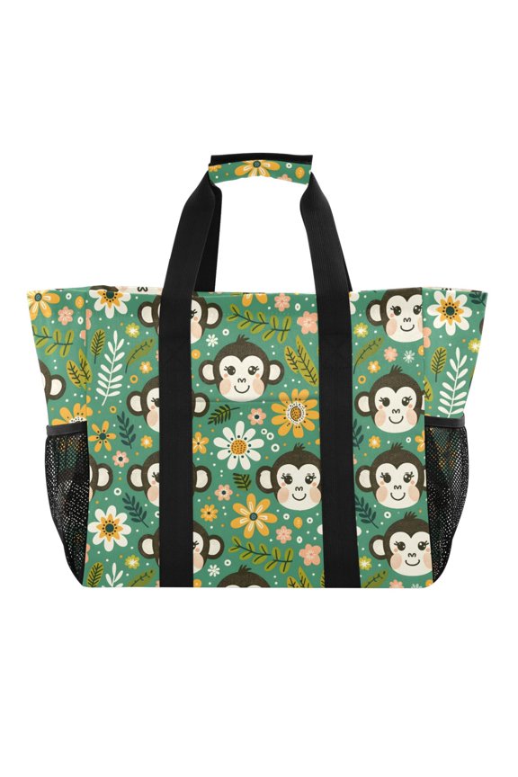 Monkey Faces Flowers Dots Reusable Grocery Bags with Handle Side Pocket Waterproof Shopping Portable Tote