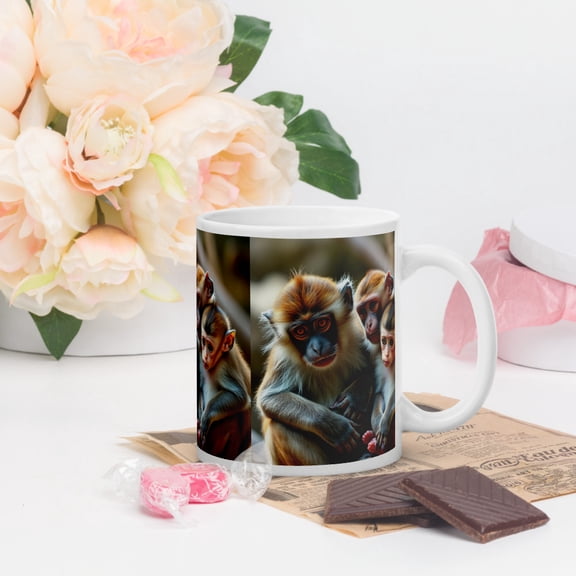 Monkey Family Love – Wildlife-Themed Ceramic Mug, White glossy mug, wildlife coffee cup, primate design