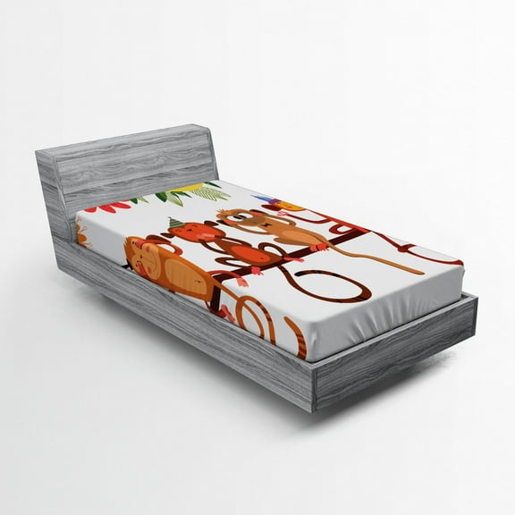 Monkey Fitted Sheet, Cartoon Style Illustration with Animals Sitting on a Branch on Flowers Background, Soft Decorative Fabric Bedding, Twin Size, Multicolor, by Ambesonne