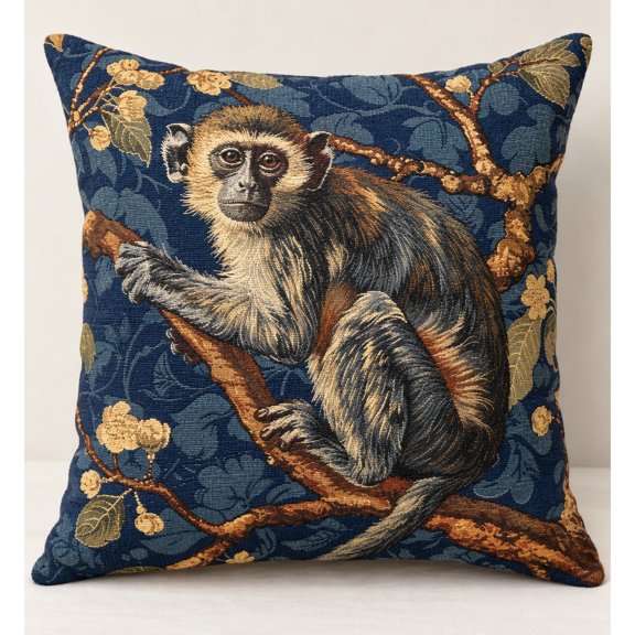 Monkey Floral Branch Woven Pillow, 17 x 18 in, Double-Sided, Navy Blue