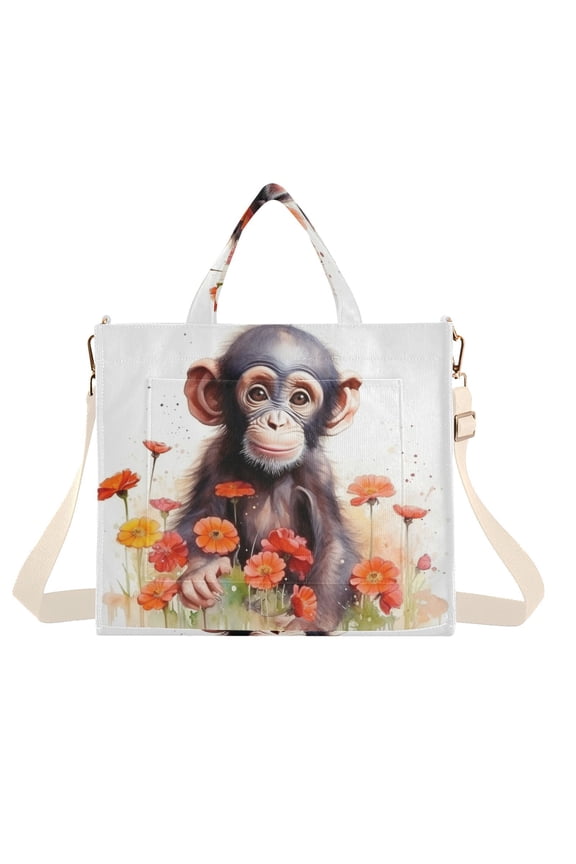 Monkey Flowers Corduroy Tote Bag Handbag Large Messenger Bag Shoulder Crossbody Zipper Bag Purse