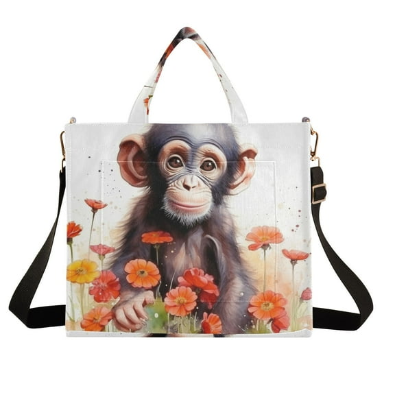 Monkey Flowers Corduroy Tote Bag Handbag Large Messenger Bag Shoulder Crossbody Zipper Bag Purse