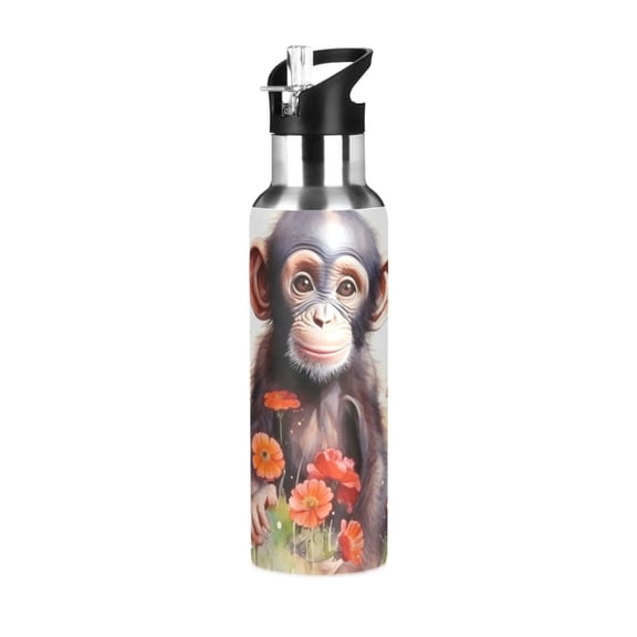 Monkey Flowers Sports Water Bottle with Straw Lid Insulated Stainless Steel Leak Proof BPA Free Thermal Mug with Handle for Gym Yoga Cycling Camping