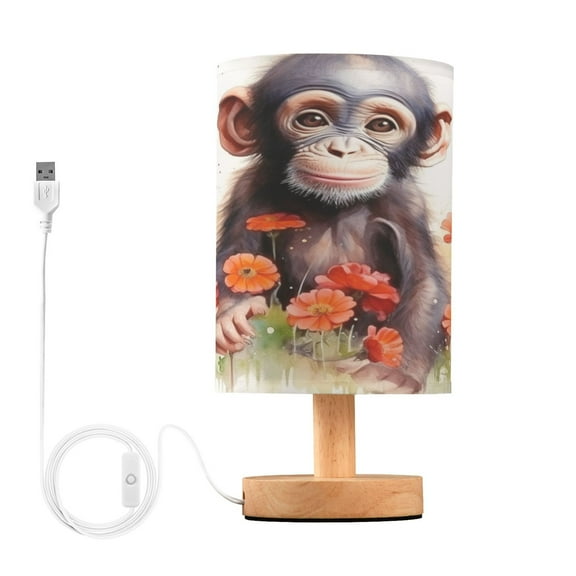 Monkey Flowers Table Lamp USB Bedside Desk Nightstand Lamp Printed Gifts Small Lamp Wood Base for Bedroom Living Room Kids Room College Dorm