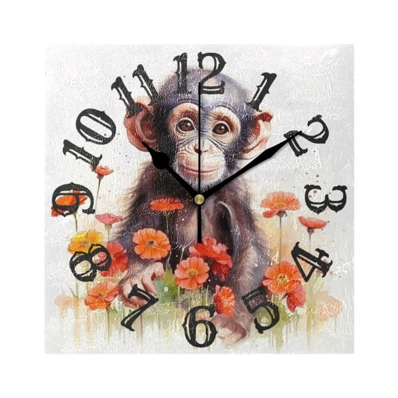 Monkey Flowers Wall Clock Square Silent Non Ticking Battery Operated Clock for Home Bathroom Kitchen Bedroom Living Room