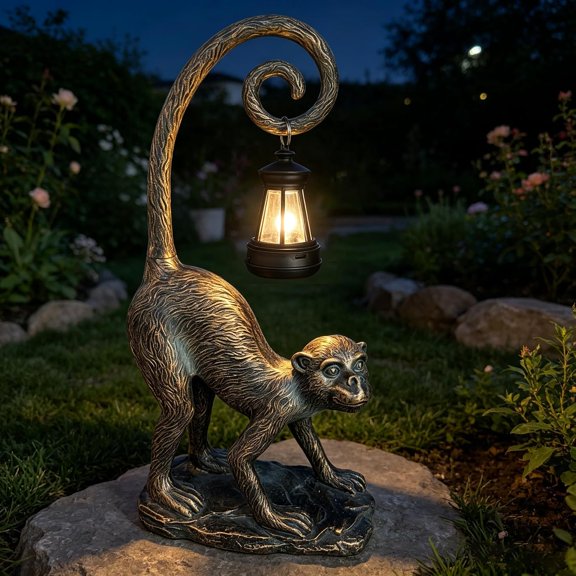 Monkey Garden Statue with Solar Lantern, Resin Monkey Figurine Hanging Solar Powered Lamp Outdoor Decor, Waterproof Animal Sculpture Light for Patio Lawn Yard Pathway, Unique Housewarming Gift