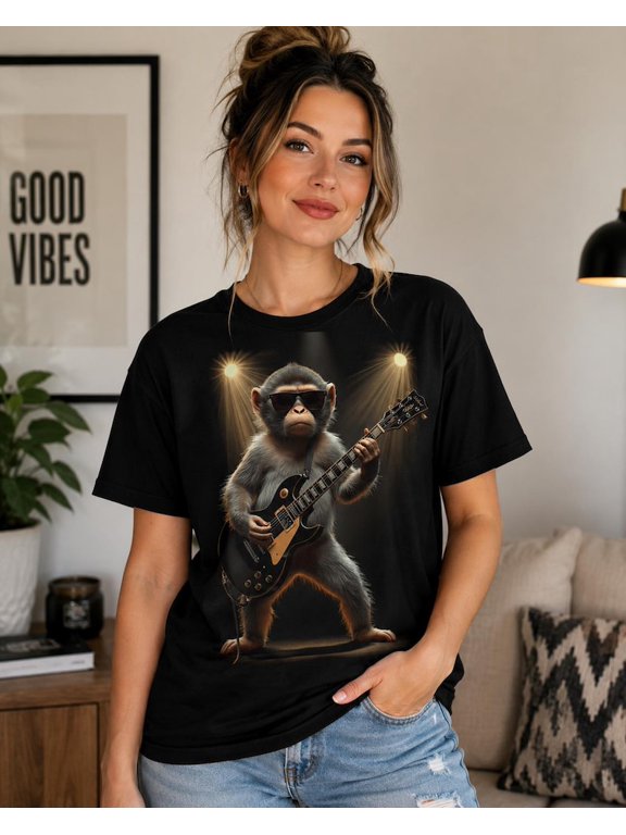 Monkey Guitar Shirt Funny Rock Star Monkey Graphic T-Shirt, Animal Music Lover Tee, Guitar Player Gift