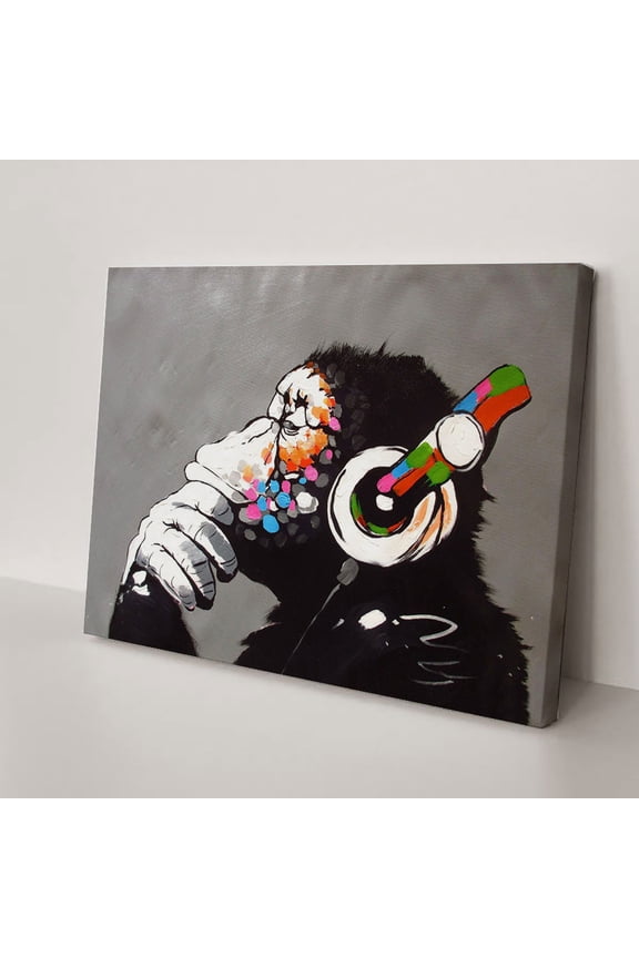 Monkey With Headphones Banksy DJ Chimp Pop Art Cool Ape Abstract Canvas Prints Wall Art Paintings for Living Room Bedroom Home Decorations Stretched Artwork for Office Decor(40" W x 30" H,Framed)