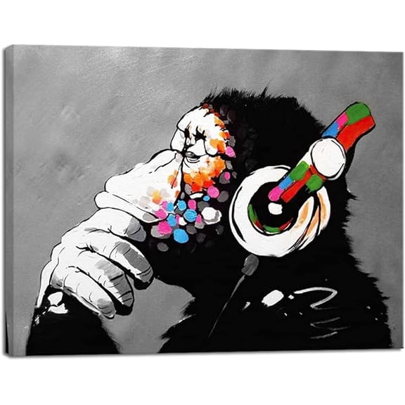 Monkey With Headphones Banksy DJ Chimp Pop Art Cool Ape Abstract Canvas Prints Wall Art Paintings for Living Room Bedroom Home Decorations Stretched Artwork for Office Decor