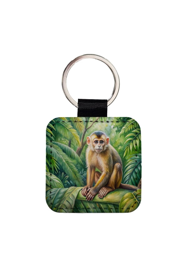 Monkey In Rainforest Watercolor Faux Leather Square Keychain